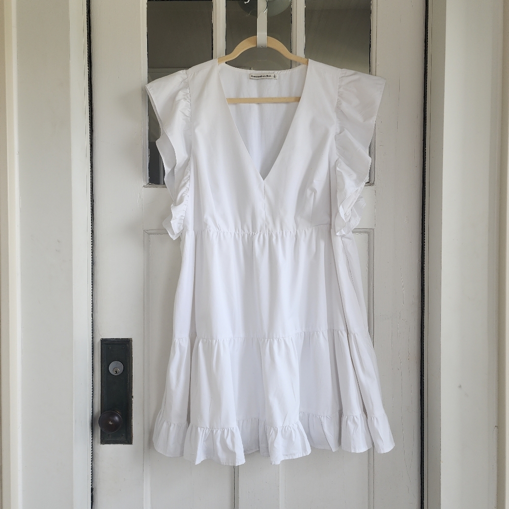 Abercrombie & Fitch White Ruffle Sleeve V-Neck Dress